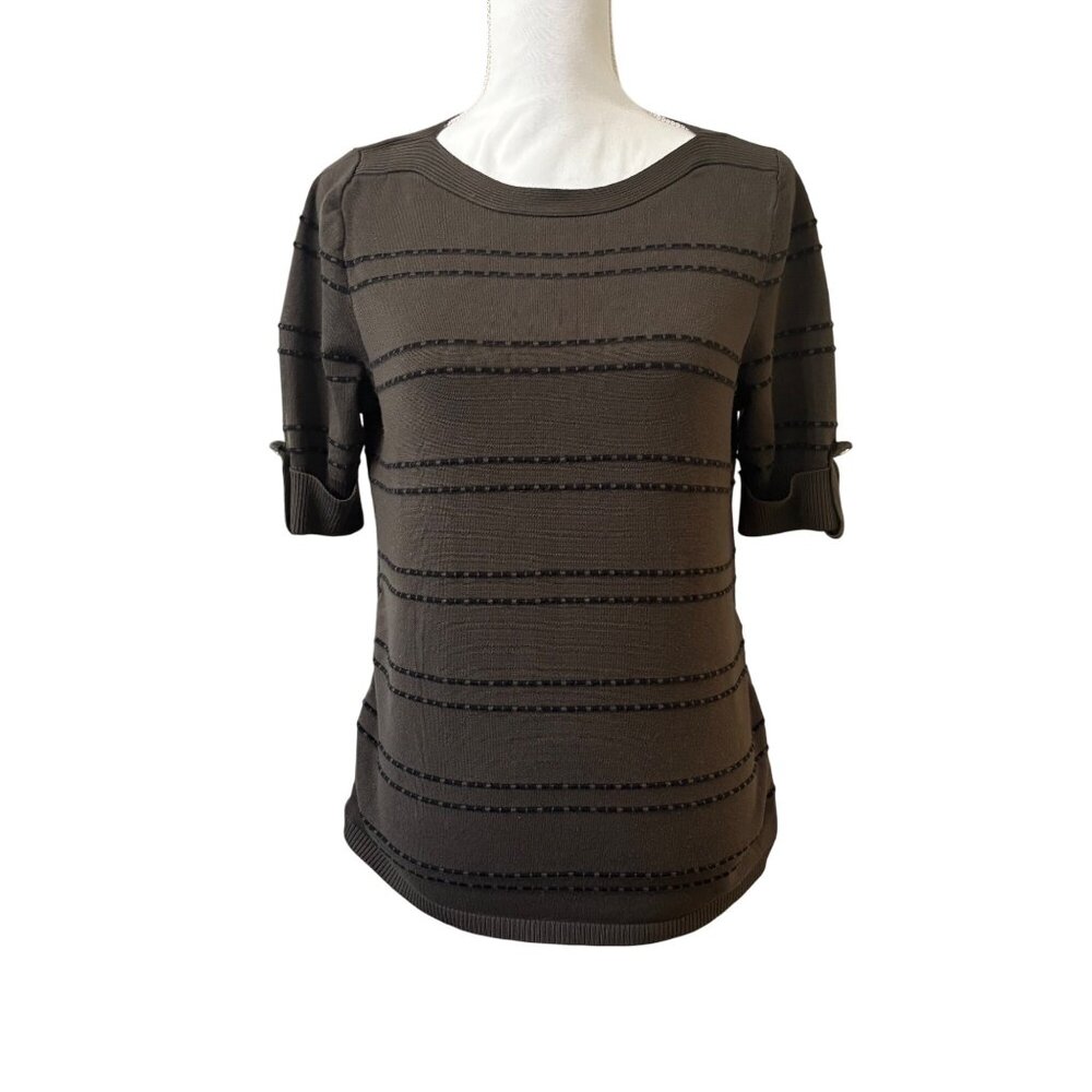 Striped Dark Green Blouse Short Sleeve Ruched Knit Top By Apt.9 Womens Size L